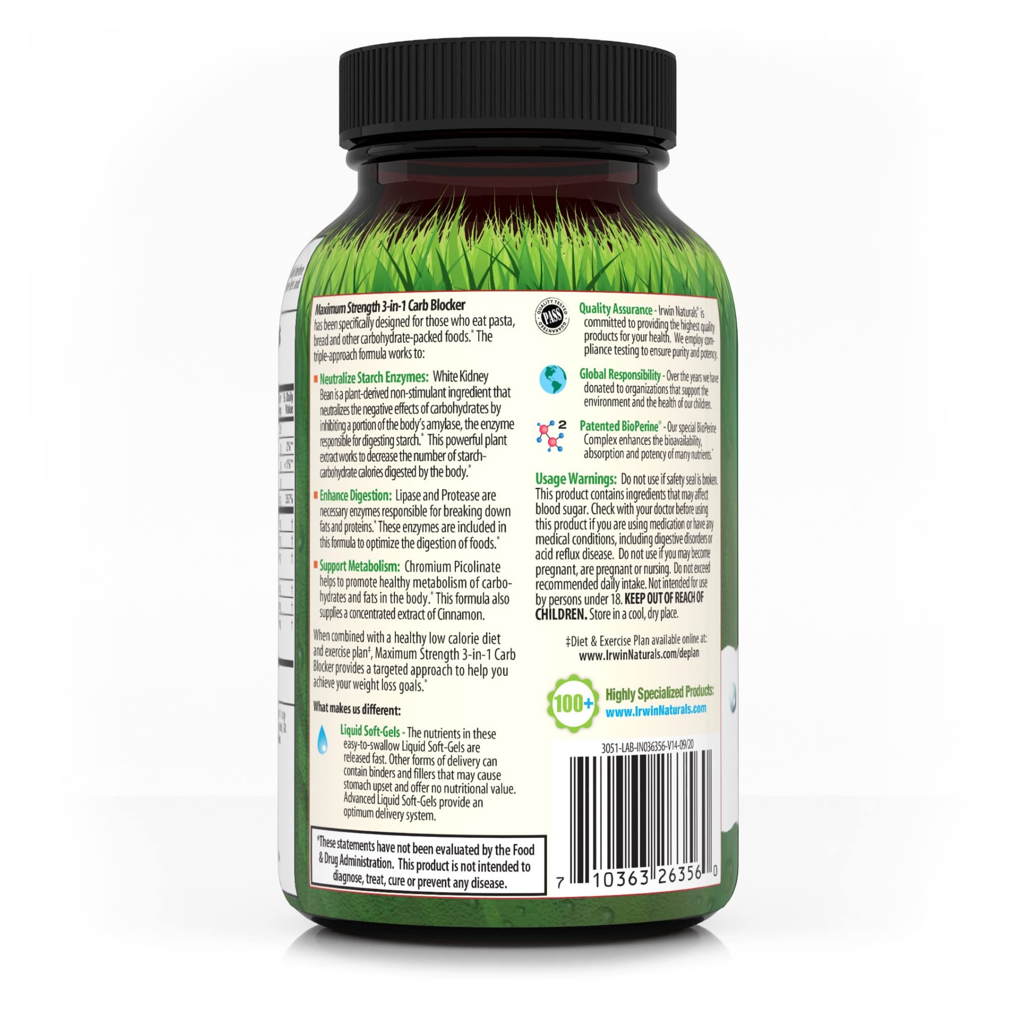 Irwin Naturals Maximum Strength 3-in-1 Carb Blocker - Neutralize Carbohydrates - 75 Liquid Softgels