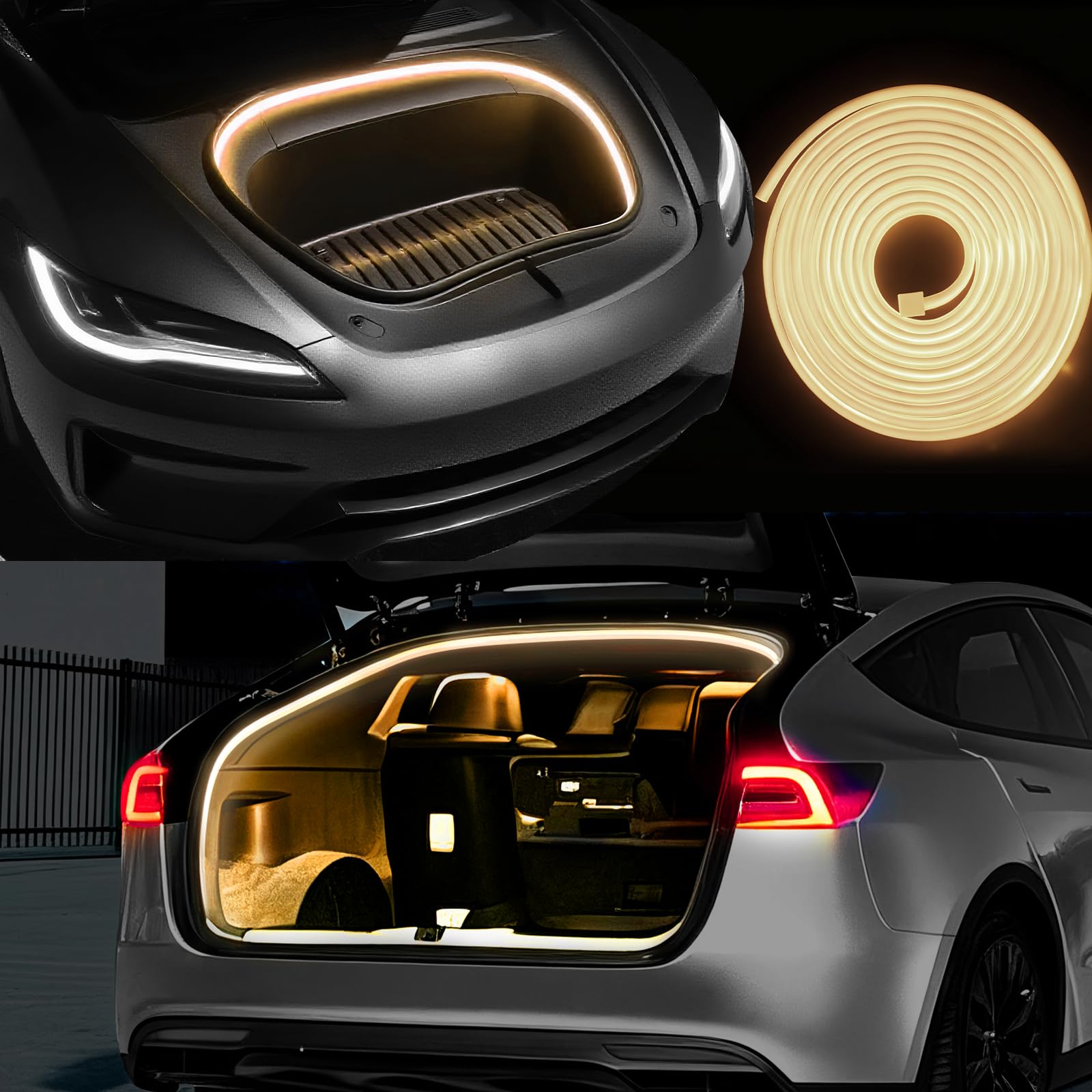 Photo 1 of 2 Pcs Frunk and Trunk LED Light Strips for Tesla Model Y & Model Y Juniper 2025+, 8.2ft and 16.4ft Waterproof Intelligent Lights, White Ambient Light Flexible Silicone Strips Accessories