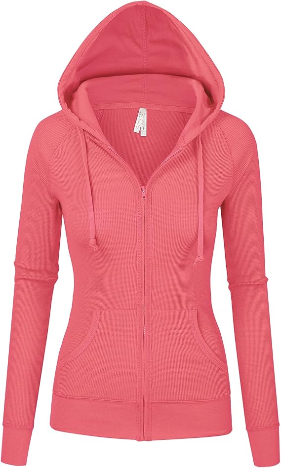 Womens BRIGHT CORAL Color Thermal Zip Up Casual Hoodie