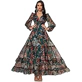 TOLEEN Summer Casual Dresses for Women 2026 Spring Fashion Boho V Neck Long Sleeve Ruffle Floral Print Elegant Maxi Dress