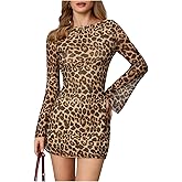 MakeMeChic Women's Cheetah Print Mini Dress Y2k Bell Sleeve Leopard Print Dress Going Out Outfits