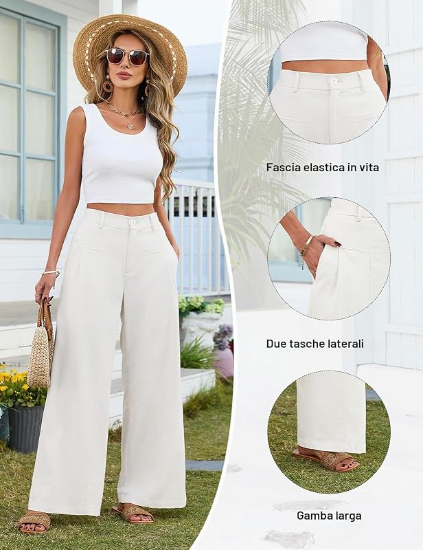 Pantaloni Lino Donna Estivi Larghi Pantaloni Leggeri Elastico Vita Alta Lunghi Gamba Larga Eleganti Pantalone Bottoni Solido Sciolto Freschi Comodi con Tasche (Bianco, M)