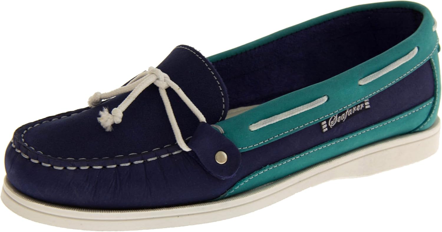 Ladies Seafarer Yachtsman Nubuck Leather Boat Deck Shoes Indigo/Jade