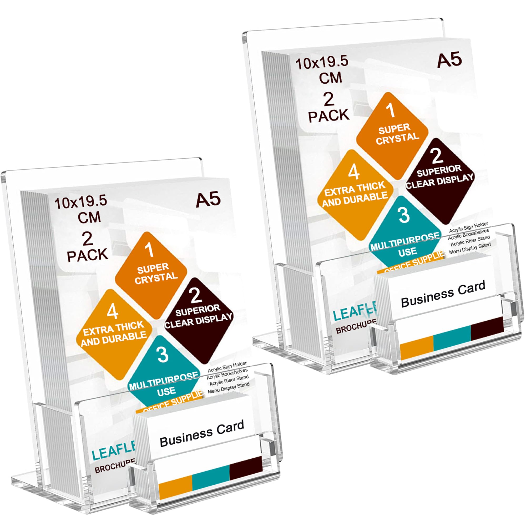 A5 Leaflet Holder with Business Card Holder, Crystal Clear Acrylic Brochure Holder 2 Pack, Freestanding Menu Flyer Perspex Display Sands for Magazine Business Card Literature Pamphlet Booklets Menu