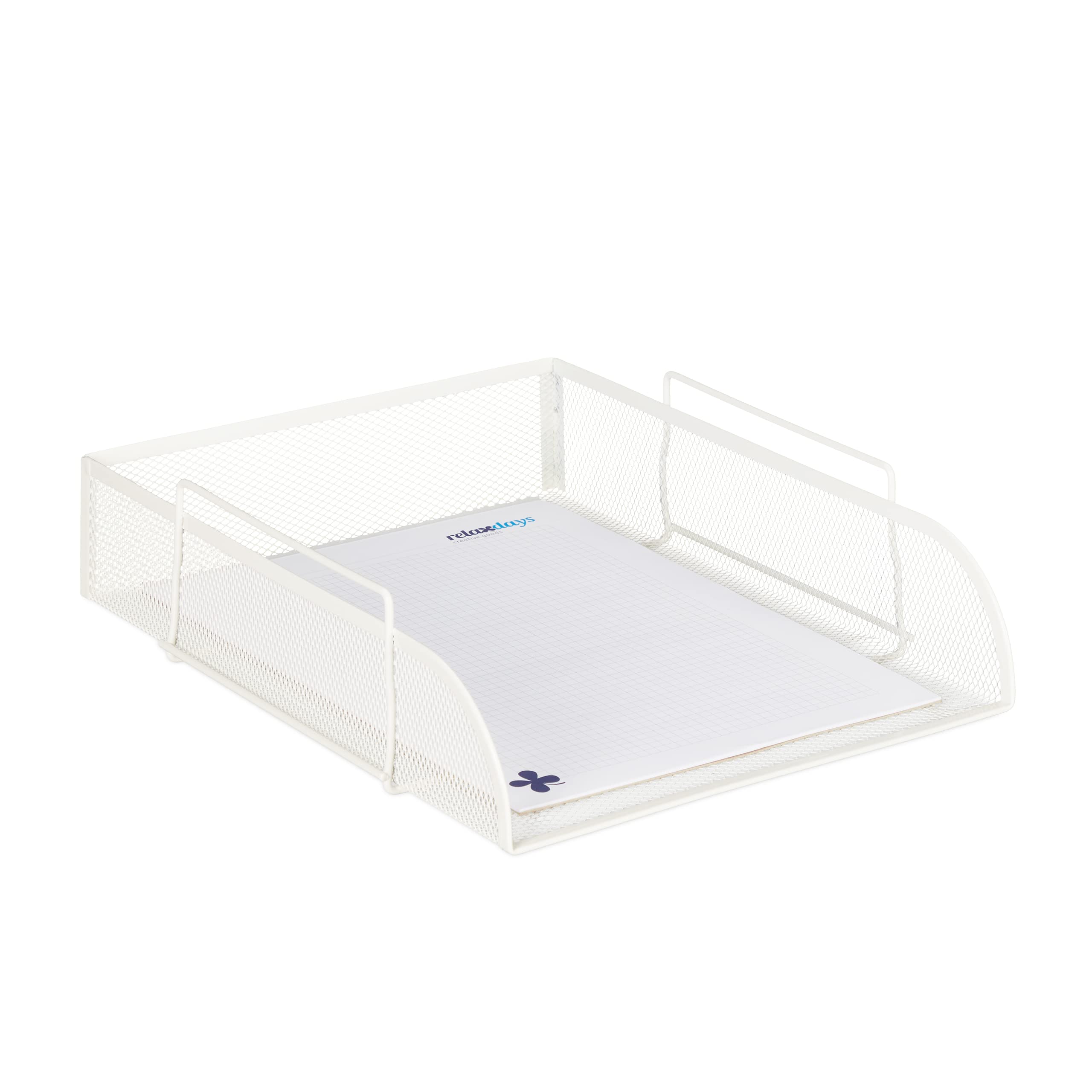 Relaxdays Stackable Document Tray, for DIN A4, Grid Design, Letter Rack for the Office, Metal, WxD: 25 x 34 cm, White