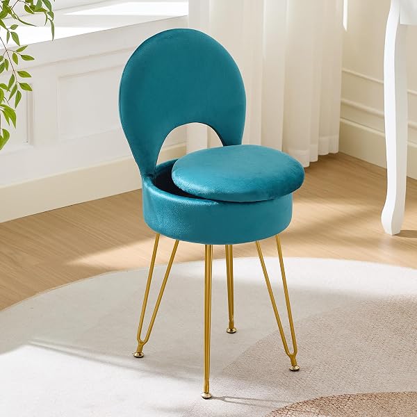 RUCUKEN VELVET GREEN SMALL VANITY CHAIR & STOOL – 13″ DX13 W FOLDING BACK STORAGE OTTOMAN, ANTI-SLIP GOLDEN V-LEG FOR BEDROOM MAKEUP ROOM