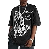 Flafens Oversized Tshirts for Men - Acid Wash Vintage T Shirt Graphic Tees Cotton Crewneck Short Sleeve Loose Tops