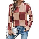 EVALESS Sweaters for Women Crewneck Long Sleeve Color Block Casual Knit Tops 2025 Fall Fashion Checkered Pullover Sweater