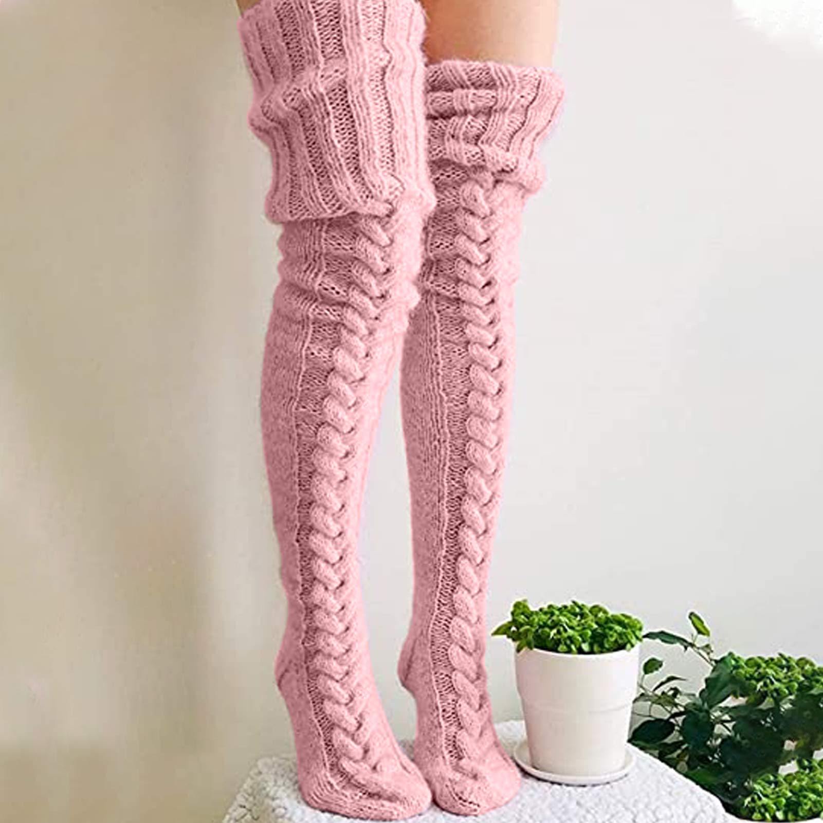 Cable Knit Knee High Boot Socks, Cable Knit Knee High Boot Socks, Extra Long Over The Knee Winter Stockings, Leg Warmers, Extra Long Cotton Knit Stockings(26 * 18 * 5cm-Pink)