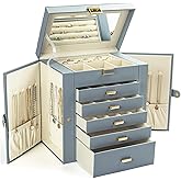 KAMIER Jewelry Box for Women, 6-Layer Large Jewelry Organizer Box with Mirror & 5 Drawers for Rings, Earrings, Necklaces, Bracelets,Bluish Grey