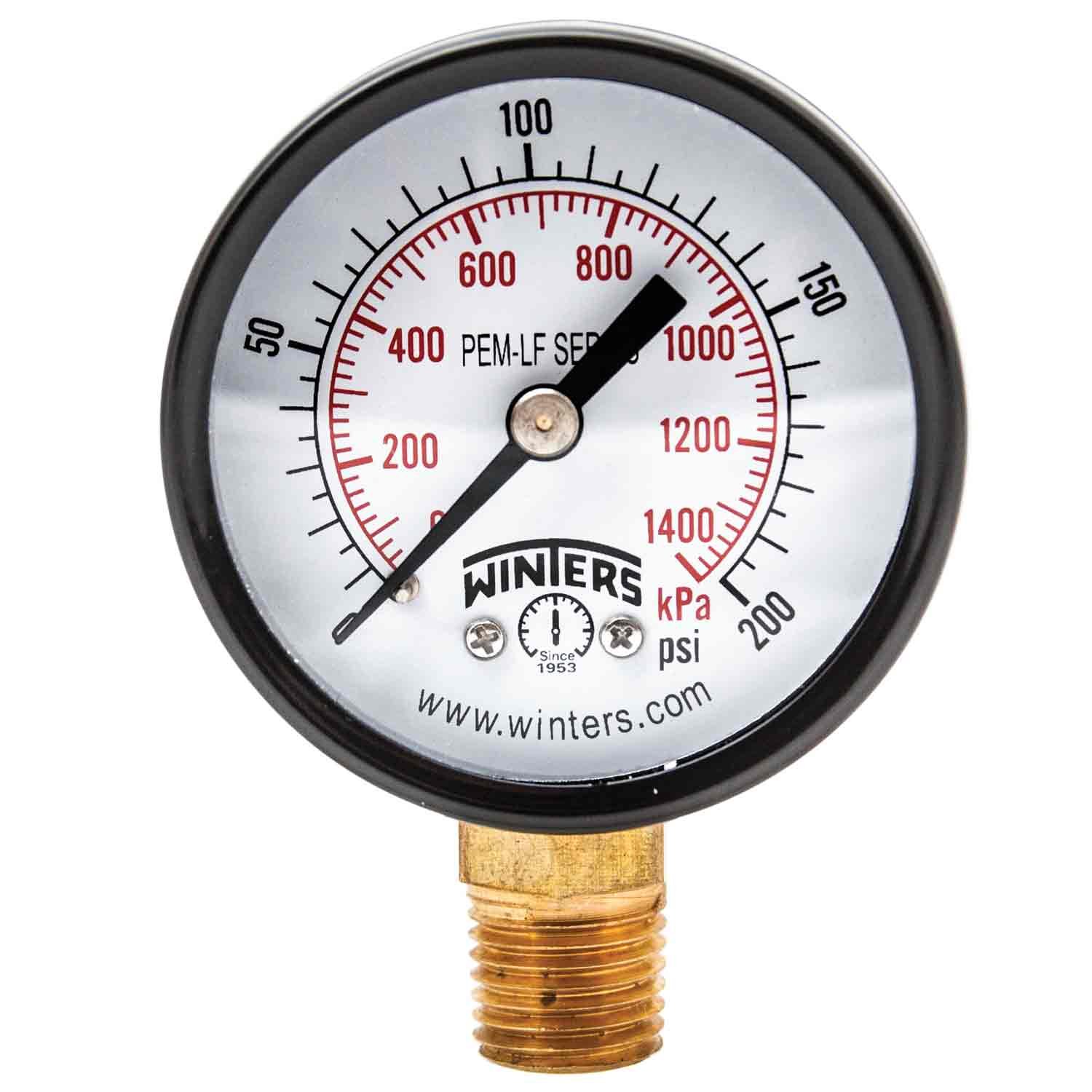 Winters PEM204LF PEM-LF Series Pressure Gauge, 2" Dial size, 1/4" NPT, 0/200 psi/kpa, Â±3-2-3% accuracy