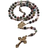 Luomu 8mm Natural Stone Beads Large Rosary with Caps Miraculous Medal and Pardon Crucifix