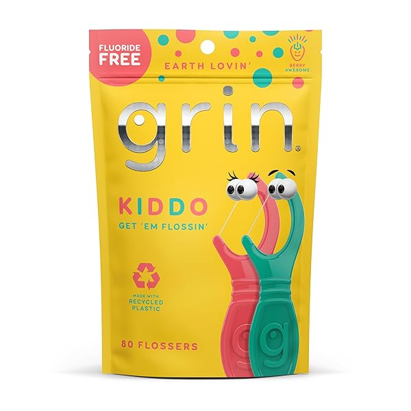 GRIN KIDDO FLOSSERS, BERRY AWESOME FLAVOR, RECYCLED PLASTIC, JUMBO GRIP, GET YOUR KIDDOS FLOSSIN’ EARLY, LARGER FLOSS HEAD, CHILD SAFE! 80 COUNT, FLOSS PICKS, DENTAL FLOSSERS