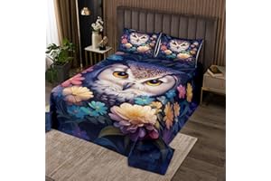 Manfei Owl Flowers Quilt Set for Kids Teens,Country Style Floral Bedspread for Kids Boys Girls Bedroom,Lovely Owl Wildlife Bed Cover Dark Blue Purple Bedding Set Quilted Coverlet Set,King Size