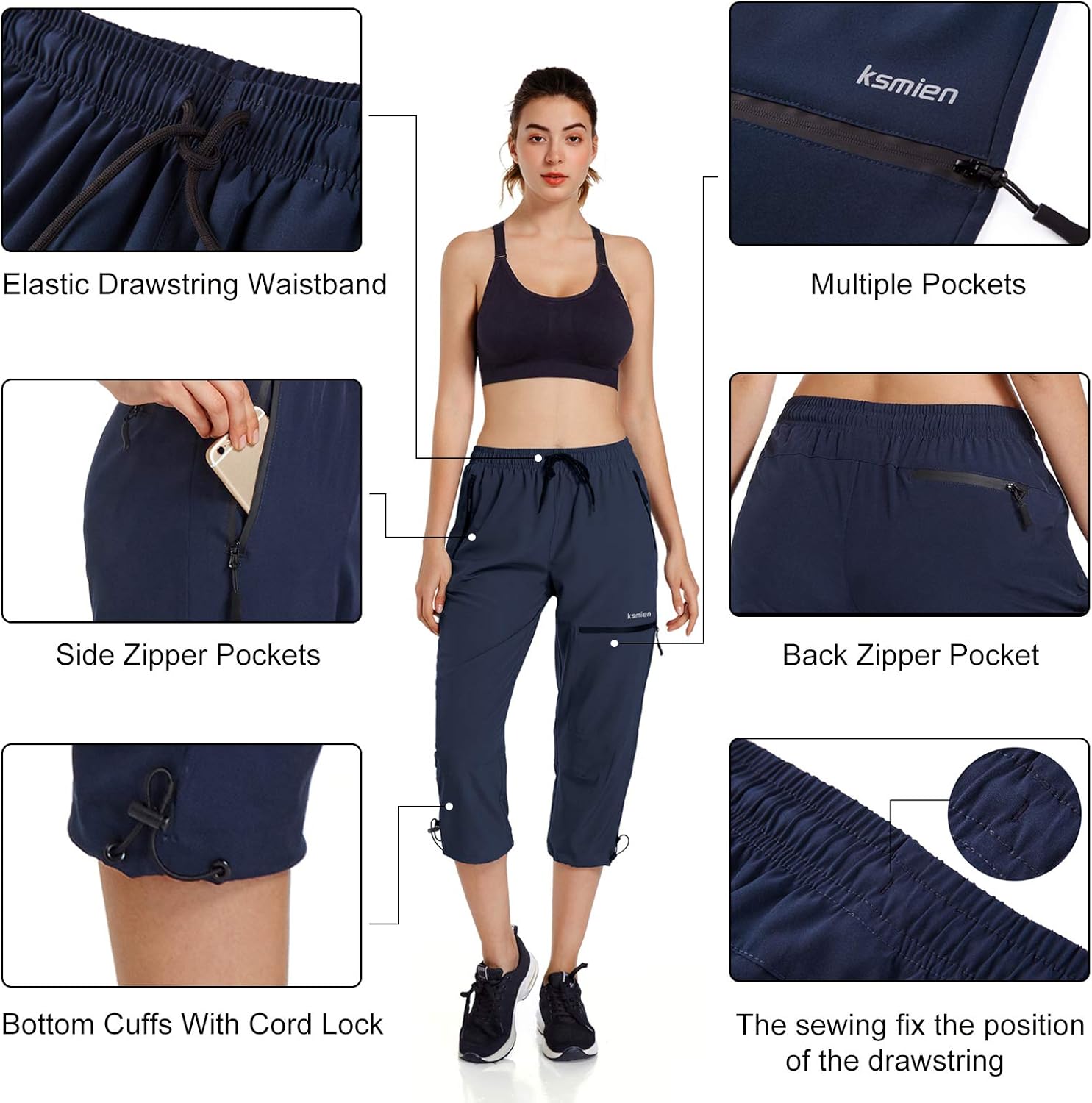 Ksmien Women's Lightweight Hiking Capri Pants Quick Dry Workout Cargo Capris Water Resistant UPF 50+ Zipped Pockets: Clothing
