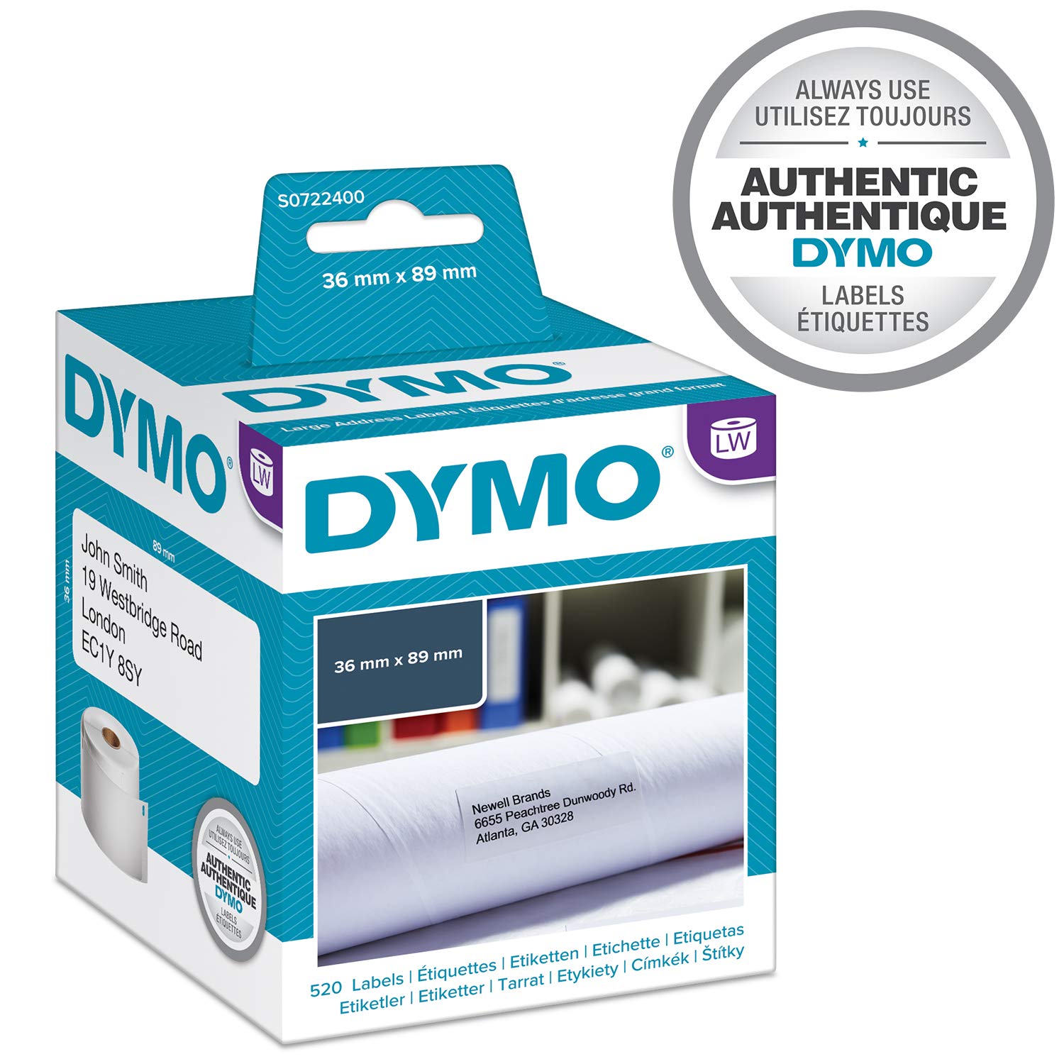 Dymo 36 mm x 89 mm LW Large Address Labels, 2 Rolls of 260, (520 Easy