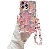 Pretaco for iPhone 15 Pro Wavy Case, [Curly Protection Frame][Vintage Glossy Oil Painting Floral Print] with Lovely Bead Chain for Grils and Women (Pink)