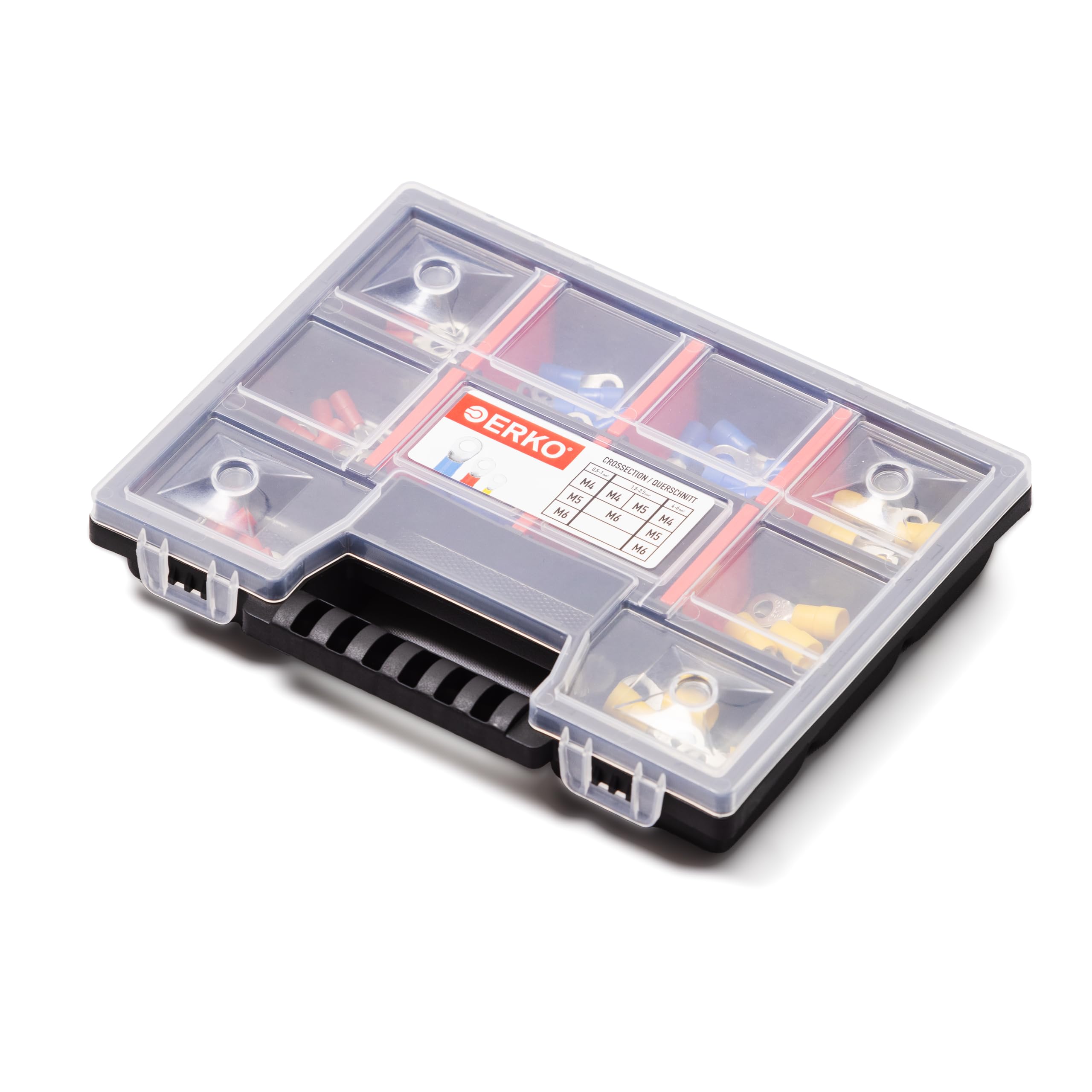 ERKO Professional Cable Lugs Set, 32 Pieces, Insulated Ring Terminals Set, 6 Sizes, Cross Section 4-6 mm², Screw Size M4/M5/M6/M8/M10/M12, Manufactured According to German Standard DIN 46234