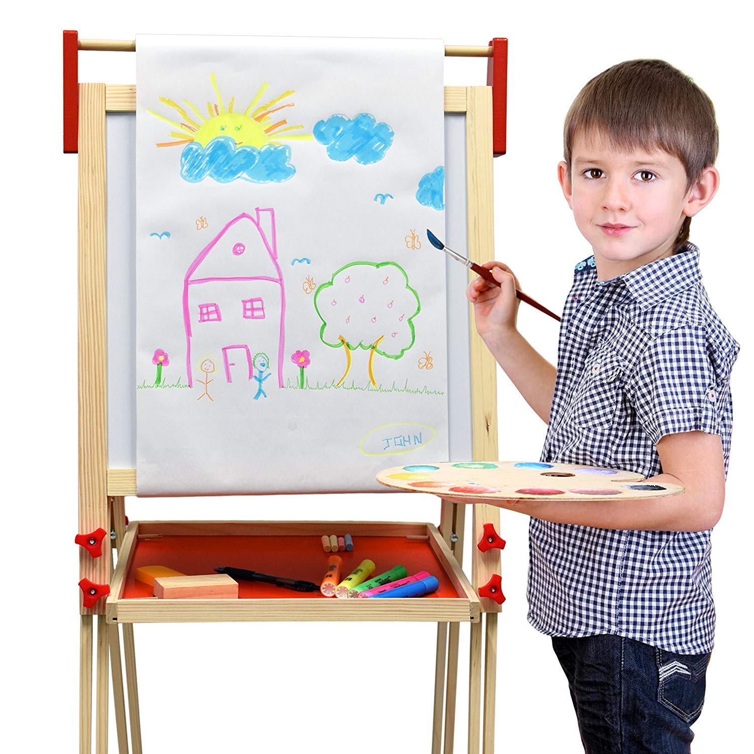 Deluxe Standing Art Easel, Dry-Erase Board Chalkboard Magnetic Whiteboard Paper Roll and Accessories, Ultimate All-in-One Wooden Kid's Art Easel