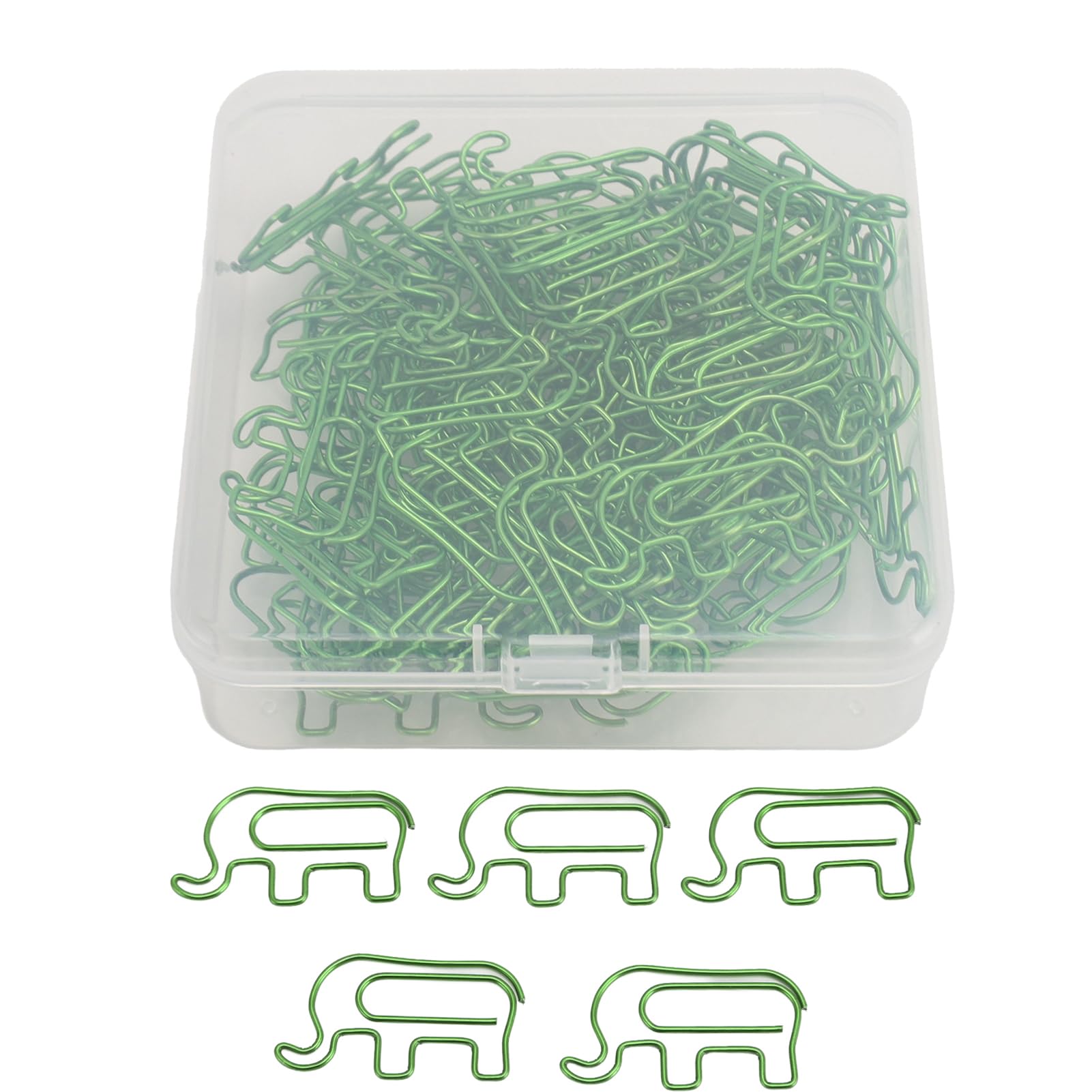 100PCS Cute Paper Clips,Elephant Shaped Stainless Steel Paperclips,Paper Clip with Storage Box for Paperwork Photo Bookmarks for Office School and Home (Green)