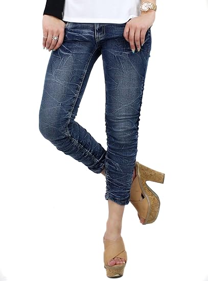 Amazon Cookjeans クックジーンズ シャーリング クロップド デニム レディース デニムパンツ スリム クロップドパンツ レディース S Blue ジーンズ 通販