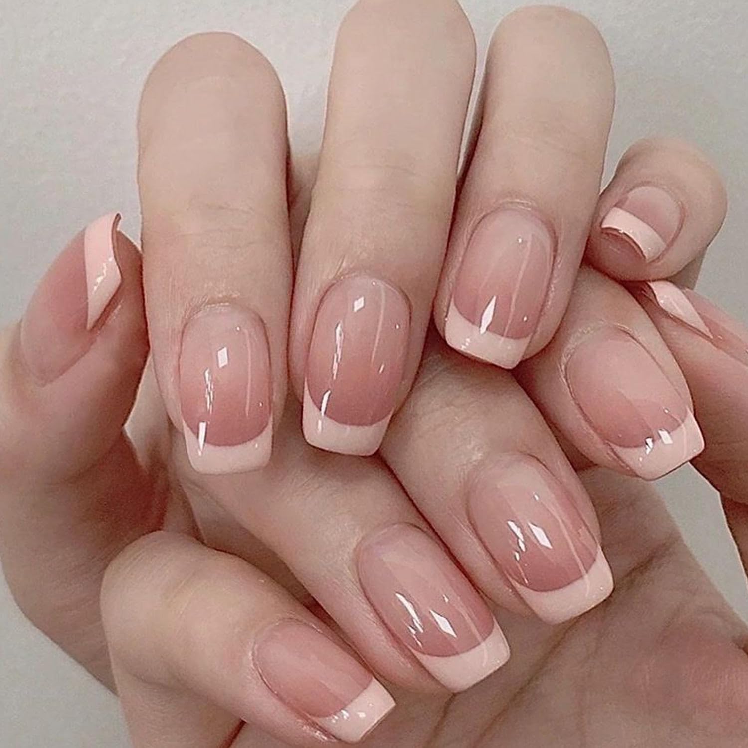 Handcess Square French False Nails Short Glossy Press on Nails Gradient Pink Acrylic Fake Nails Stick on Nail 24Pcs for Women and Girls