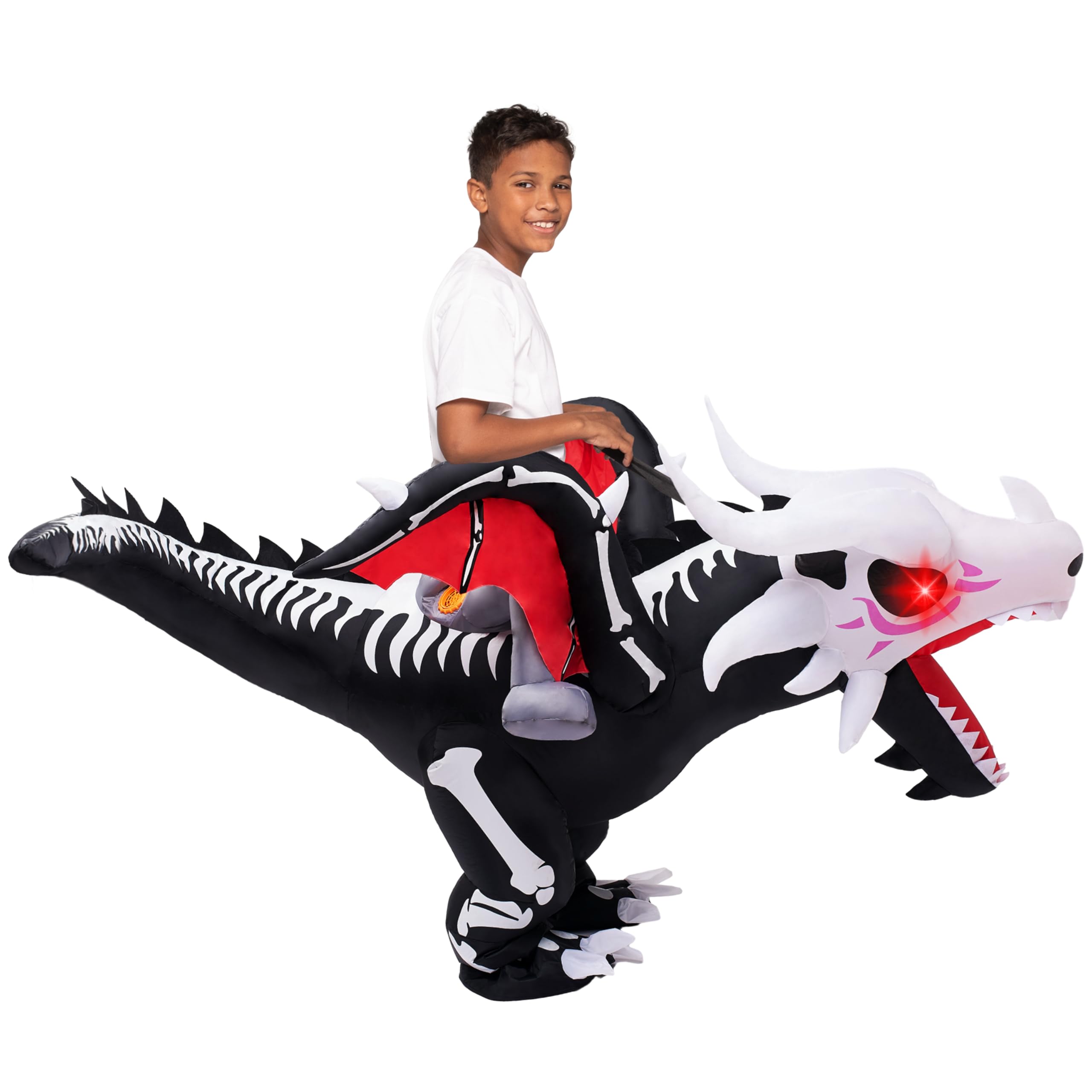 Photo 1 of Spooktacular Creations Halloween Dragon Skeleton Inflatable Costume Kids, LED Light Eyes Skeleton Dinosaur Blow Up Costumes, Ride On Deluxe Set for Halloween Parties(Up to 4ft7'')