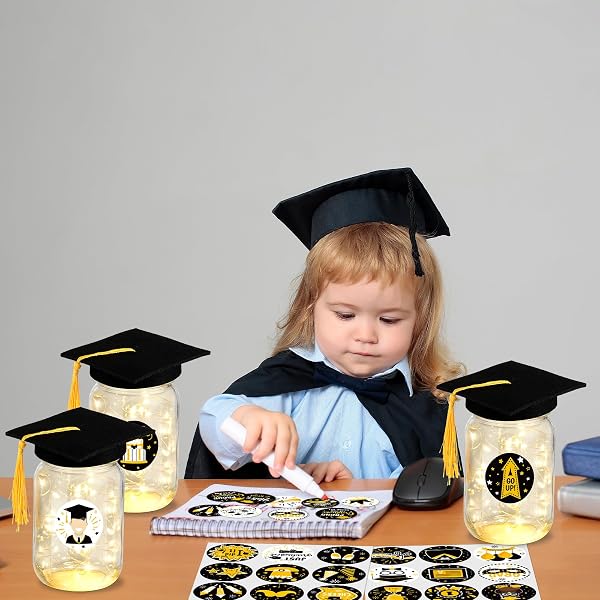 8 PACK 2026 GRADUATION CENTERPIECES FOR TABLES MASON JAR CENTERPIECES WITH LED LIGHTS GRADUATION PARTY DECORATIONS SET WITH CAPS AND STICKERS FOR HIGH SCHOOL COLLEGE CONGRATS GRAD DECOR SUPPLIES