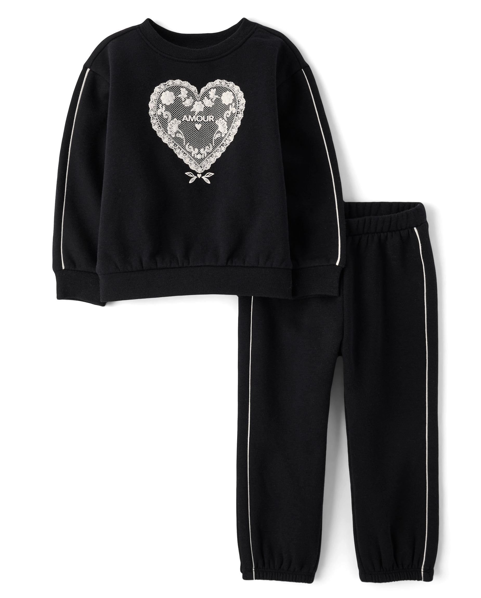 The Children's Place,Baby Girls,and Toddler Long Sleeve Active Shirt and Pant, 2 Piece Outfit,Black Heart,3 Years Image