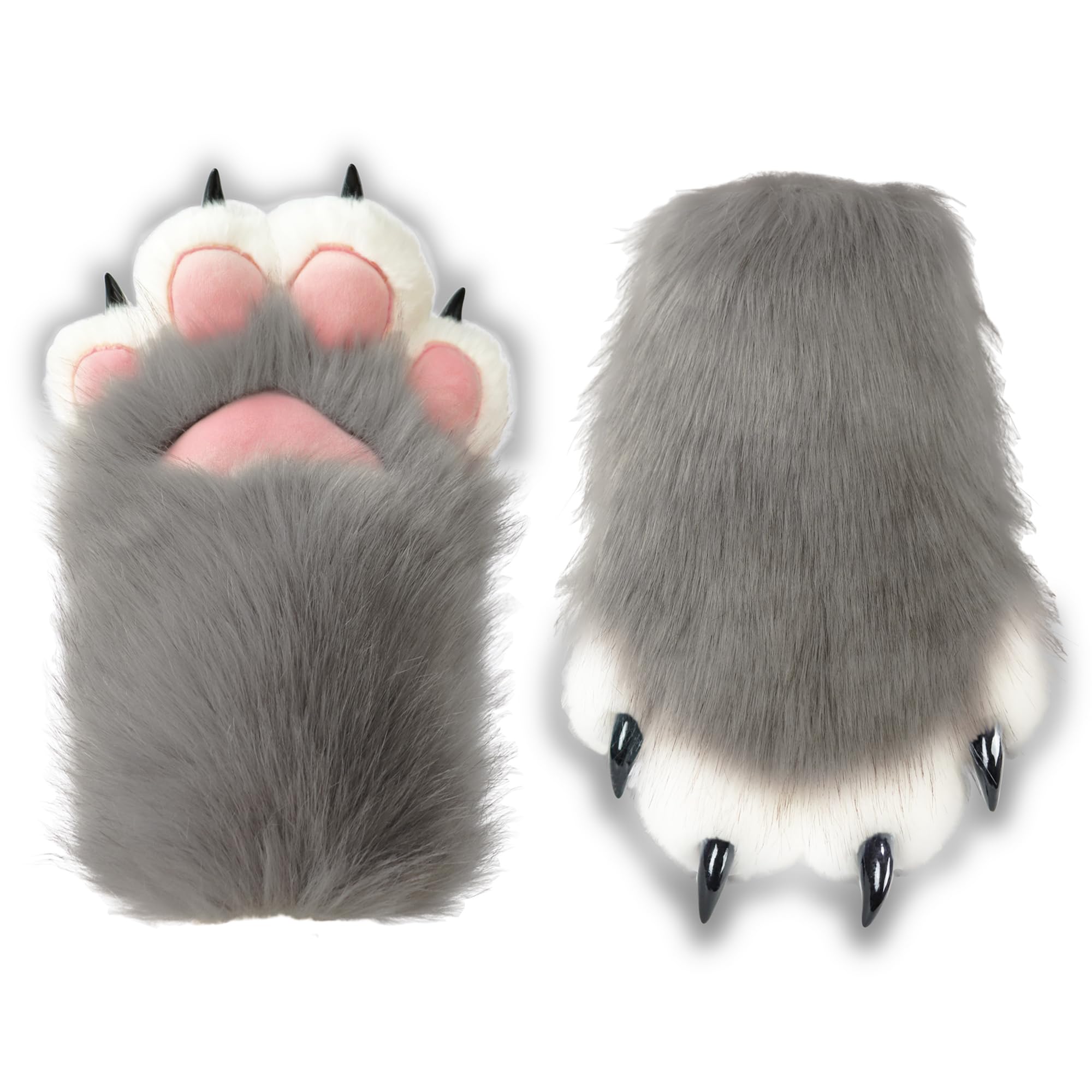 Grey Therian Furry Paws With Claws - Faux Fur Comfy Gloves for Cosplay Costume - Fluffy Fox and Wolf Accessories