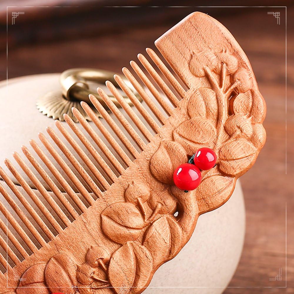 Usforest Natural Peach Wood Carving Comb Original Design Handmade NO Static NO snag Organic Wide tooth Hair Comb