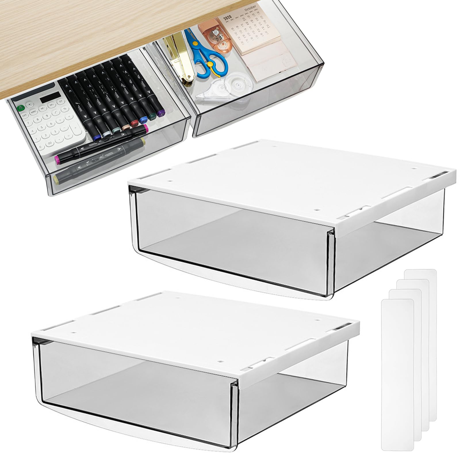 Photo 1 of SOUJOY 2 Pack Self-adhesive Under Desk Drawer, Hidden Slide Out Organizer Tray, Plastic Under Table Attachable Hidden Storage Organizer for Office Home School Kitchen Sewing Table