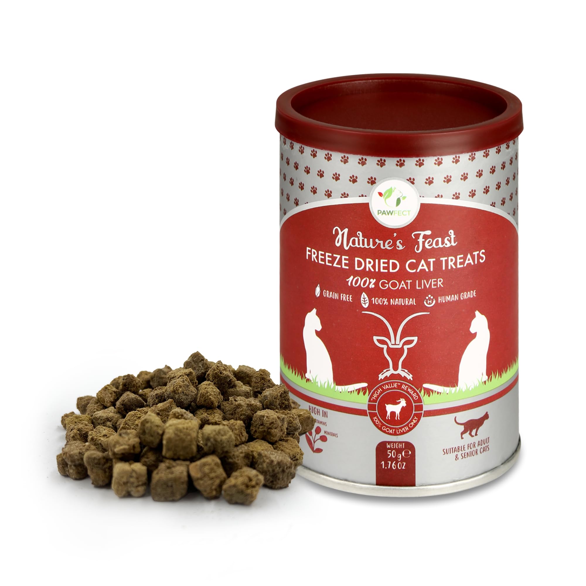 Pawfect Nature's Feast Freeze Dried Cat Treats - Goat Liver - 100% Natural- Hypoallergenic - Easily Digestible, Grain-Free Training Treat - Multifunctional - High Protein- Low Fat treats (50g/1.76oz)