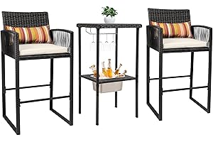 Sundale Outdoor Wicker Bar Set with Ice Bucket, Patio Stools and Bar Set with Glass Holder, Outside Counter and 2 Pub Stools, 3 Piece High Top Bistro Dining Set, Charcoal Rattan and Beige Cushions