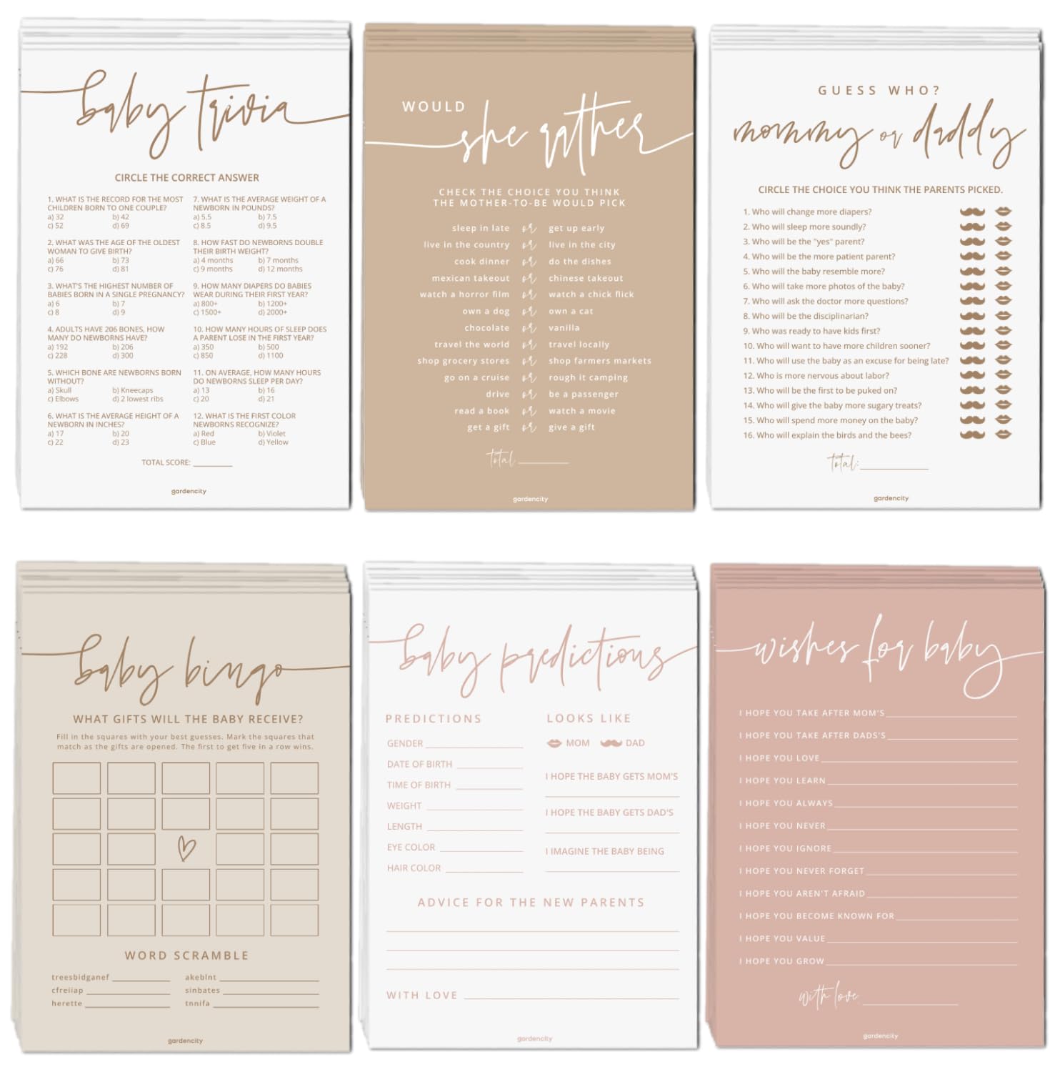 Photo 1 of Baby Shower Games for Girl - Set of 6 Boho Baby Shower Games for 25 Guests, Double-Sided Cards, Gender Neutral