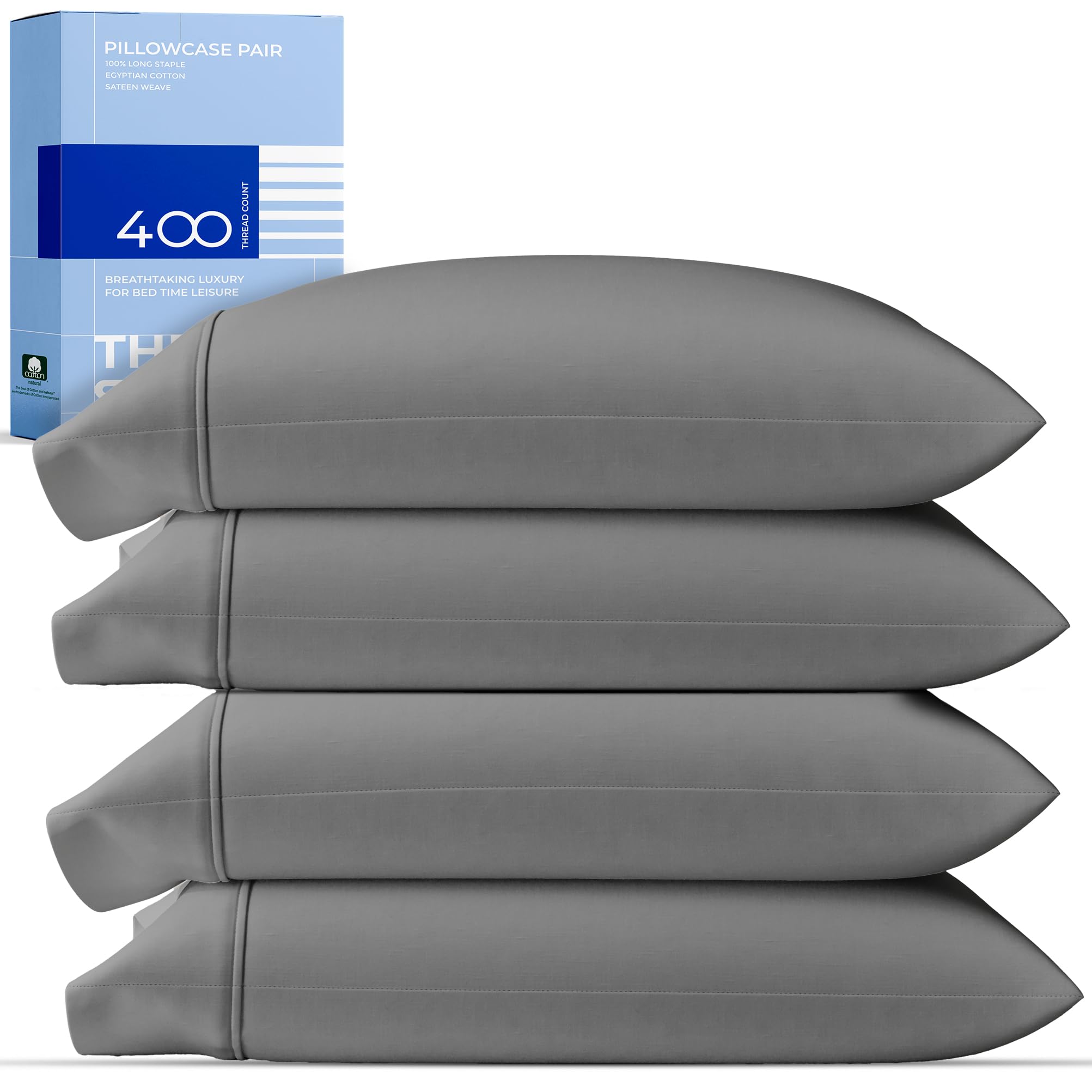 THREAD SPREAD 100% Cotton King Size Pillow Cases Set of 2 - Luxury 400 Thread Count Pillow Cases King Size (Dark Grey), Soft Cooling Breathable & Durable Sateen Weave Hotel Quality Cotton Pillowcases