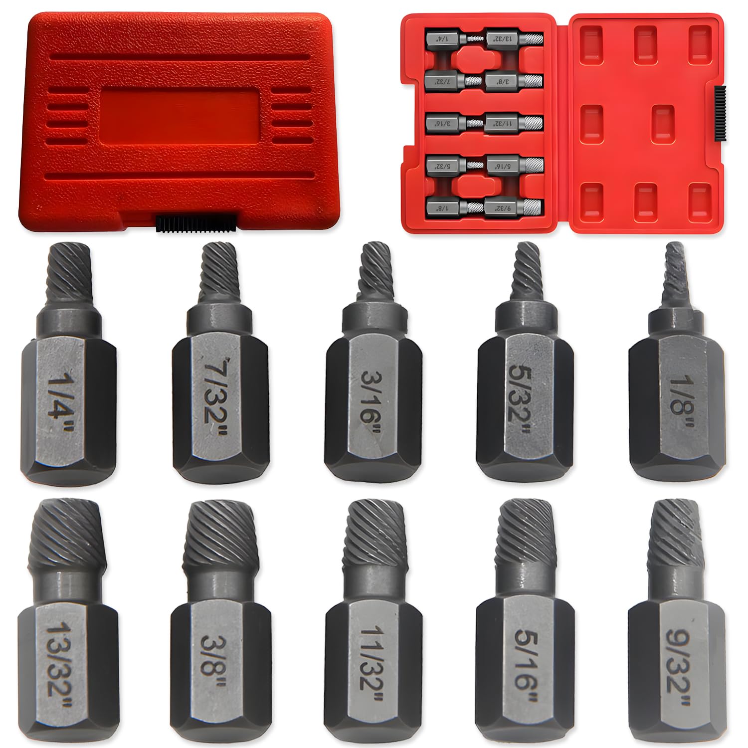 10 pcs Screw Extractor Set, BOSOIRSOU Broken Head Screw Hexagon Socket Bolt Removal Tool Easy Out Stripped Screw Extractor Set Stud Extractor for Stripped Broken Rounded Bolts, Screws, Studs - Red