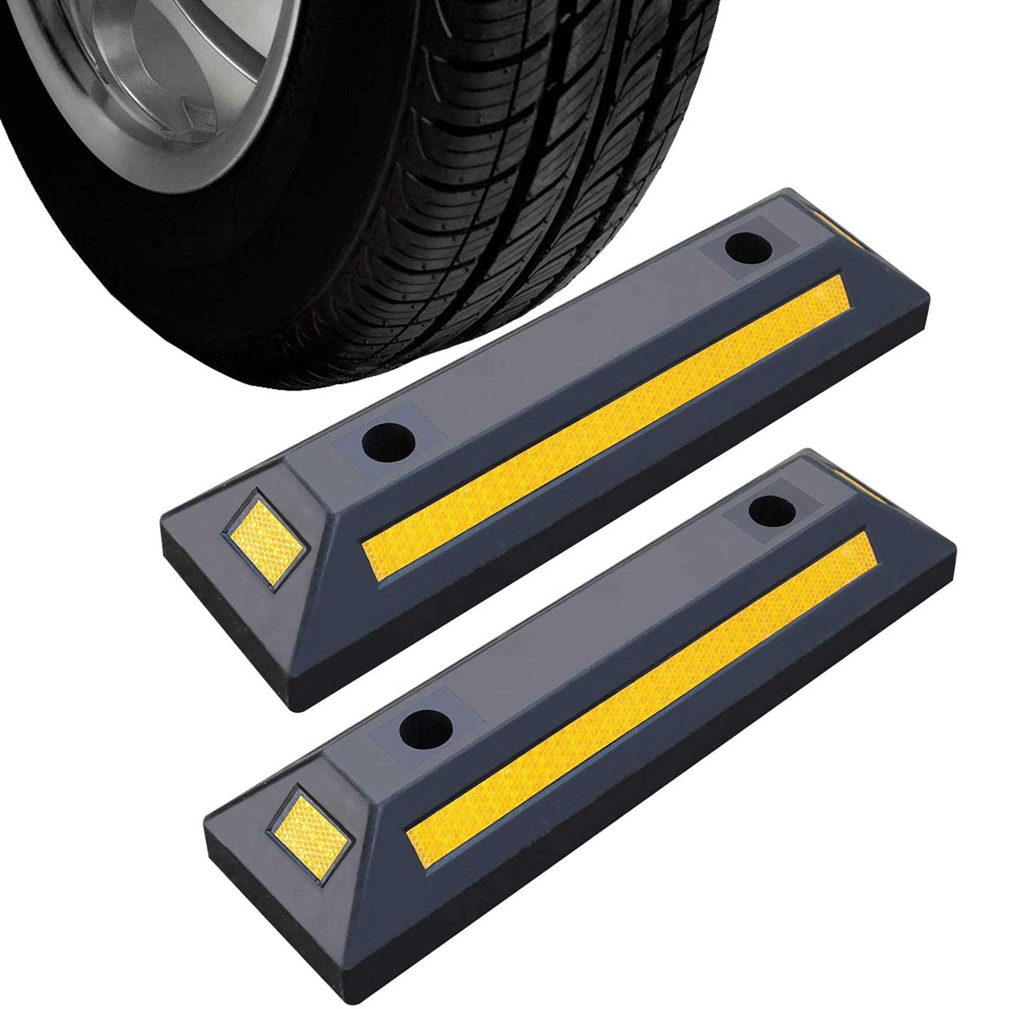 Photo 1 of 2 Pack Rubber Parking Guide Blocks Heavy Duty Wheel Stop Stoppers for Car Garage Parks Professional Grade Parking Rubber Curb w/Yellow Refective Stripes for Truck RV Trailer 21.25"(L)x5.7"(W)x3.54"(H)