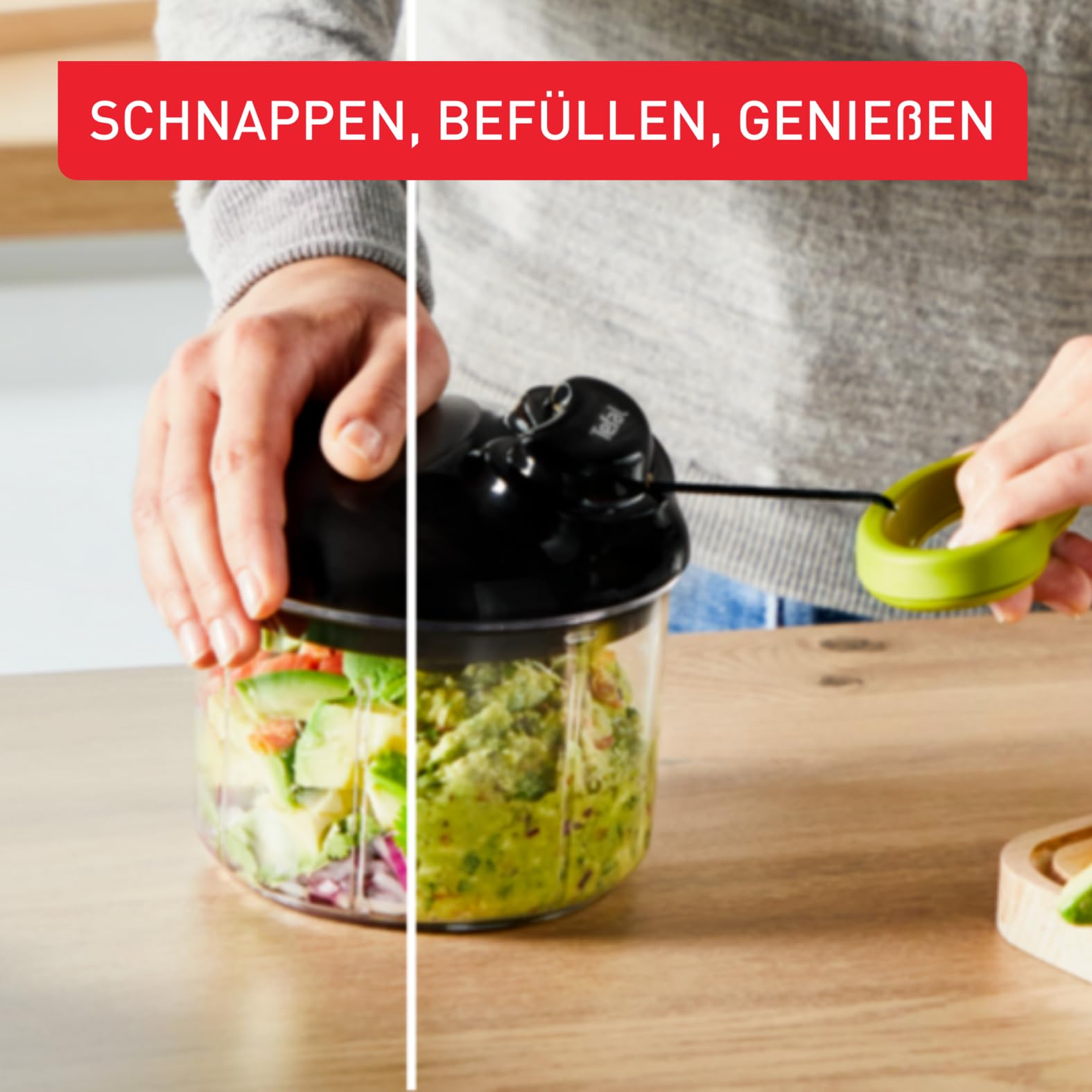 Tefal K13204 Ingenio 5-Sekunden-Zerkleinerer ohne Strom, Fassungsvermögen: 900ml, Multizerkleinerer, Universalzerkleinerer für Gemüse, Obst, Nüsse, Knoblauch, Babynahrung, Schwarz/Grün/Transparent 4