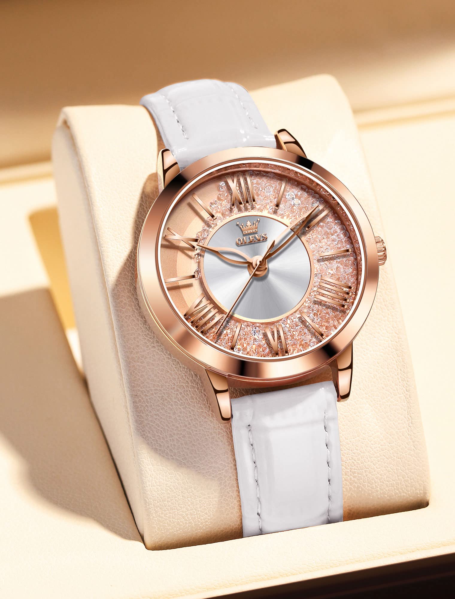 OLEVS Leather Watch for Women Classic Vintage Women Watches Roman Numerals Ladies Dress Watch Waterproof Analog Quartz Womens Wrist Watches Relojes para Mujer Pink, Red, White Leather Strap