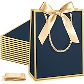 Silkfly Paper Gift Bags with Handle 9x7x3.15'' Thank You Gift Bags with Bow Ribbon for Graduation Appreciation Holiday Wedding Bridal Baby Shower Birthday Party Supplies(Navy Blue, Gold,24 Pcs)