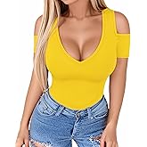 HERLOLLYCHIPS Women Tops Summer Deep V Neck Short Sleeve Cold Shoulder Slim Fit Casual Sexy Tees T-Shirts