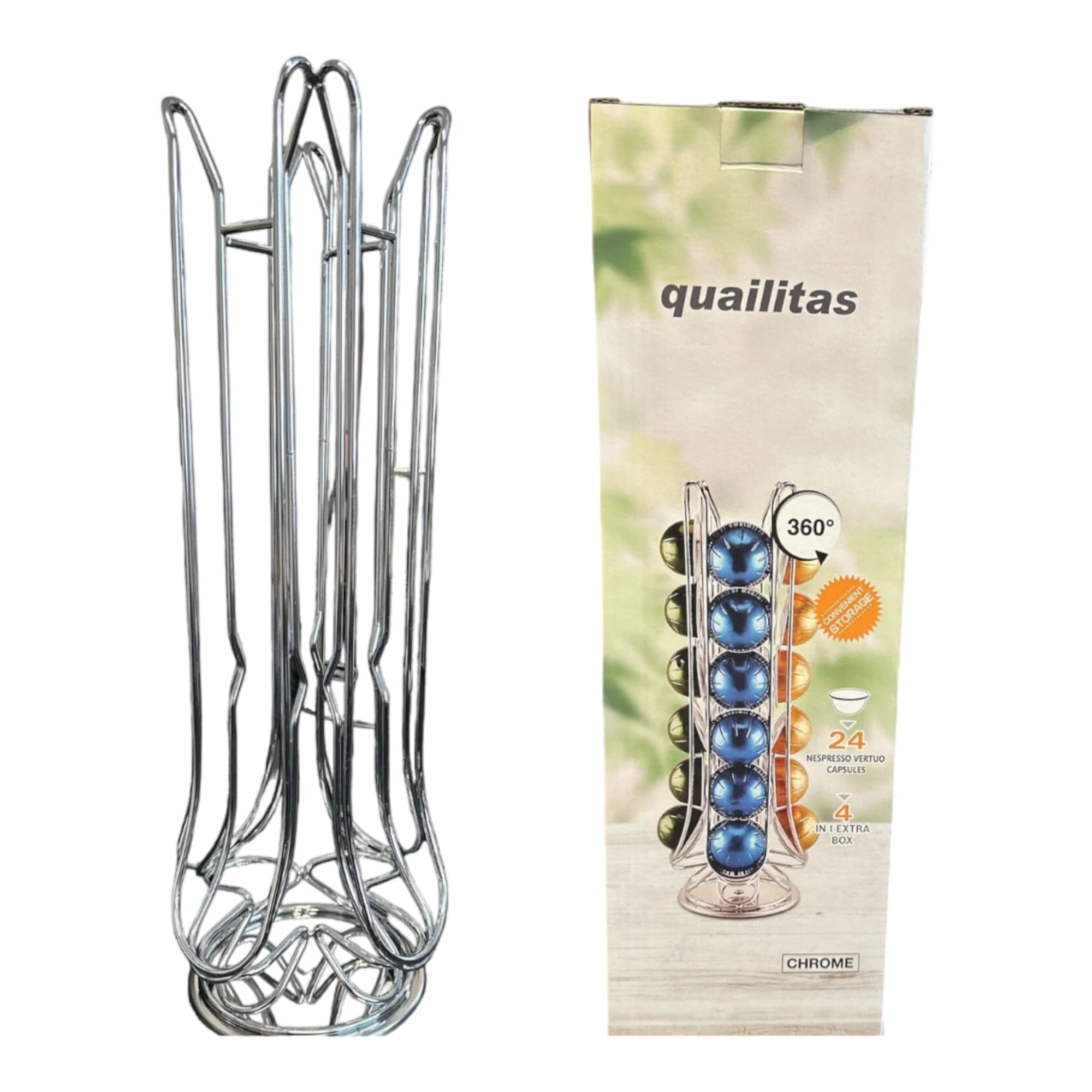 Quailitas Coffee Capsule Holder [24 pcs] – 4-Wired Coffee Capsule Stands Compatible with Vertuo Pods, Rotating Pod Rack for Vertuoline, Stylish & Elegant – Coffee Capsule Holders