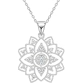 Mandala Necklace 925 Sterling Silver - Filigree Encrusted CZ Openwork Pendant Chain 20"- Esoteric Boho Sacred Geometry Jewelry - Hippie Yoga Gift for Women - Handmade