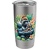 Gorilla with Baby – Tropical Floral Watercolor Jungle Art Stainless Steel Insulated Tumbler
