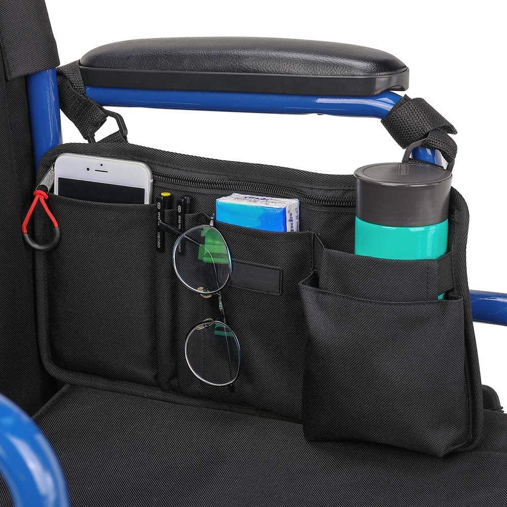 Wheelchair Side Bag by HEALUA, Wheelchair Pouch Bag with Cup Holder, Armrest Accessories for Wheelchair, Rollator, Electric Scooter Wheelchairs - Medical Carry Bag (Black)