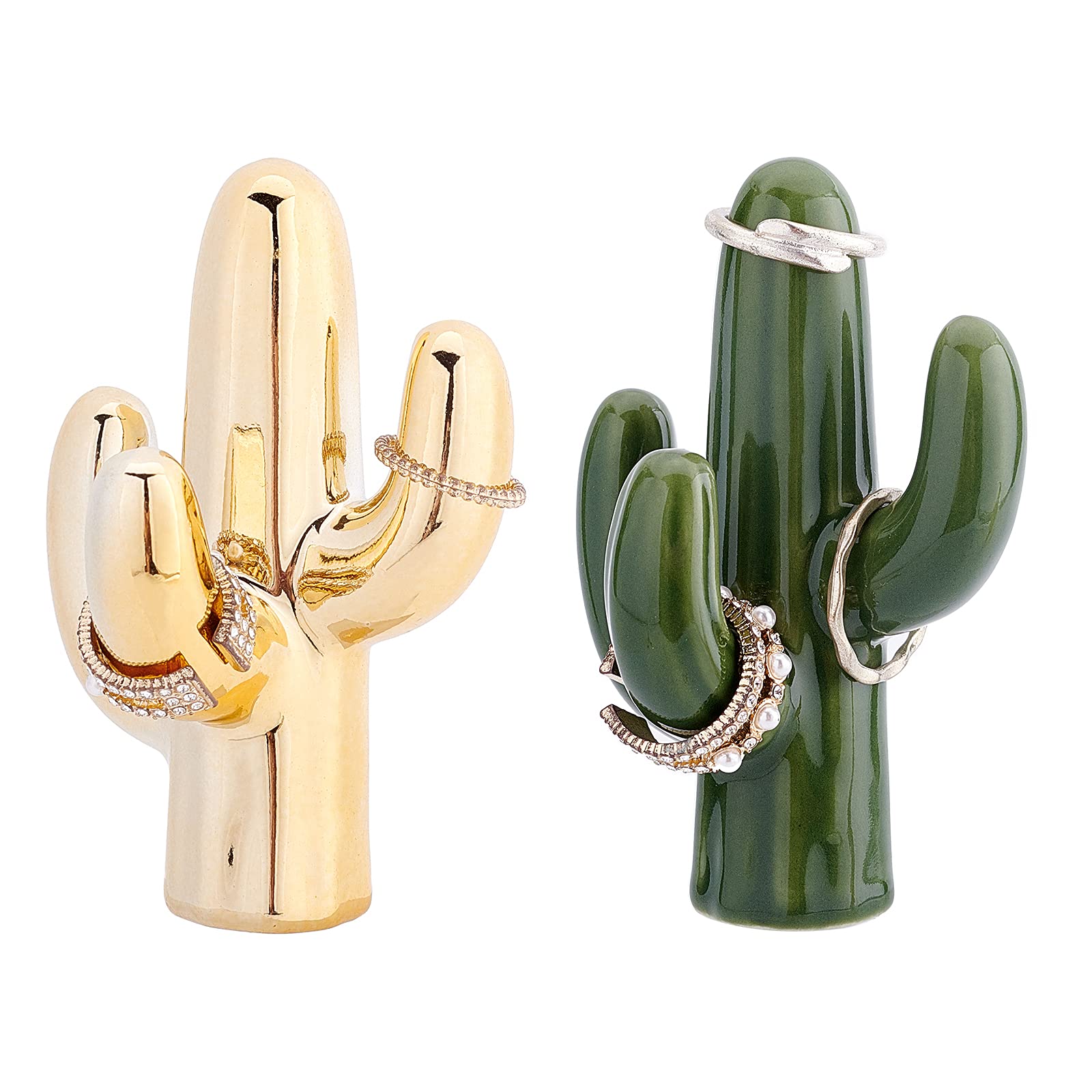 FINGERINSPIRE 2Pcs Olive & Gold Cactus Ring Holder Small Ceramic Cactus Ring Holder Porcelain Cactus Ring Display Decorations for Birthday Wedding Festival Gifts(9x6x4cm)…