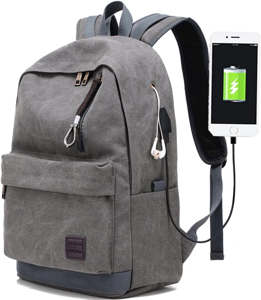 Laptop Computer Backpack Hopesport External USB Charge Port with Built-in USB Charging Cable School Travel Backpacks(grey)