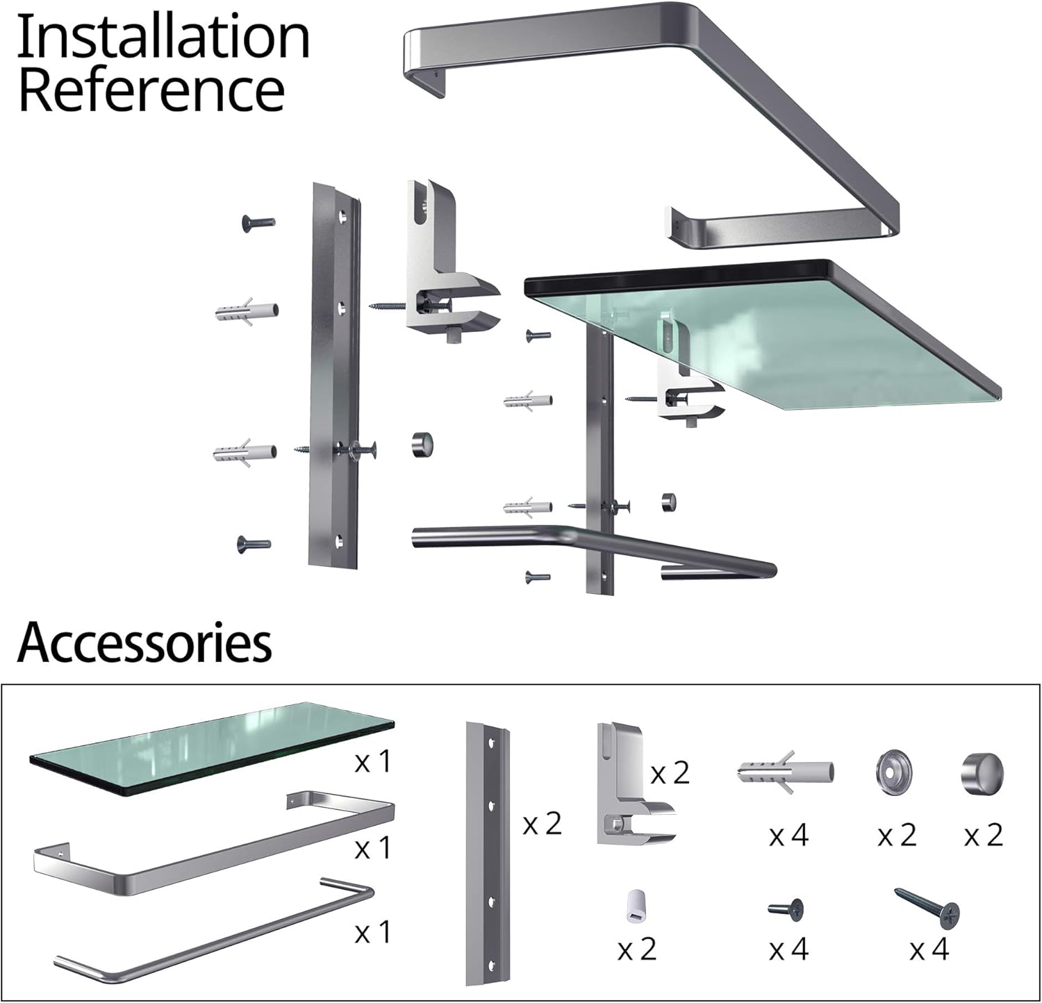 GeekDigg Bathroom Shelf, Tempered Glass Floating Shelves Wall Mounted Storage Shelves with Towel Bar (1 Tier): Kitchen & Dining