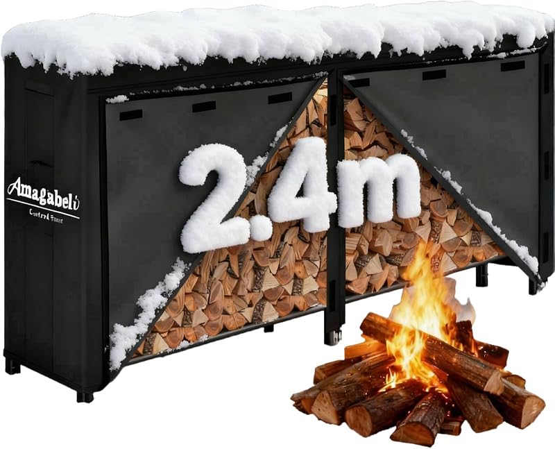 Amagabeli 8ft Firewood Holder with Cover Large Capacity Log Rack